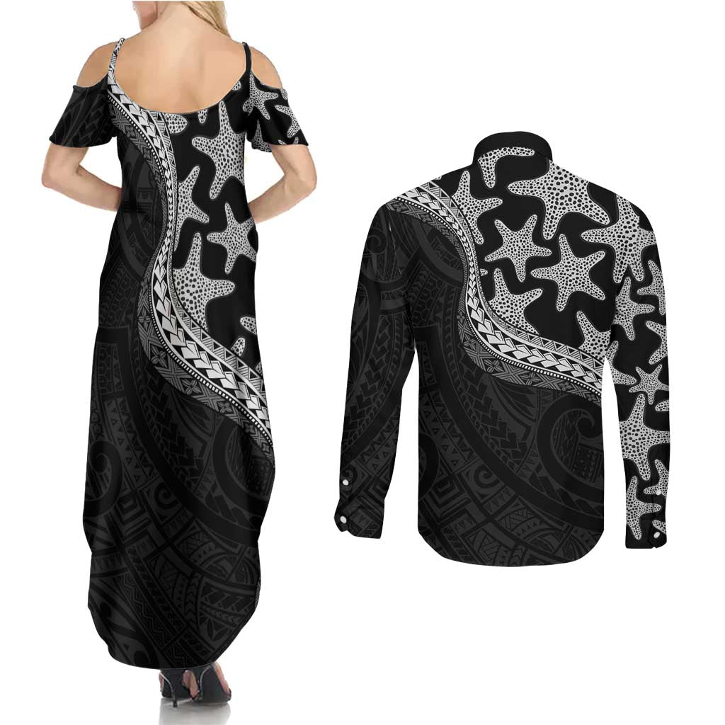 Monotone Polynesian Starfish Unique Pattern Couples Matching Summer Maxi Dress and Long Sleeve Button Shirt LT01 - Polynesian Pride