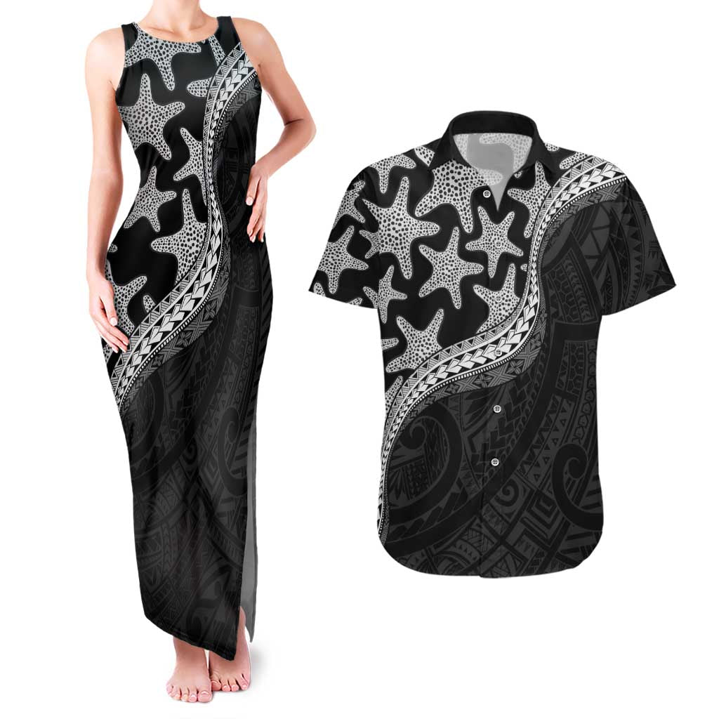 Monotone Polynesian Starfish Unique Pattern Couples Matching Tank Maxi Dress and Hawaiian Shirt LT01 Black - Polynesian Pride