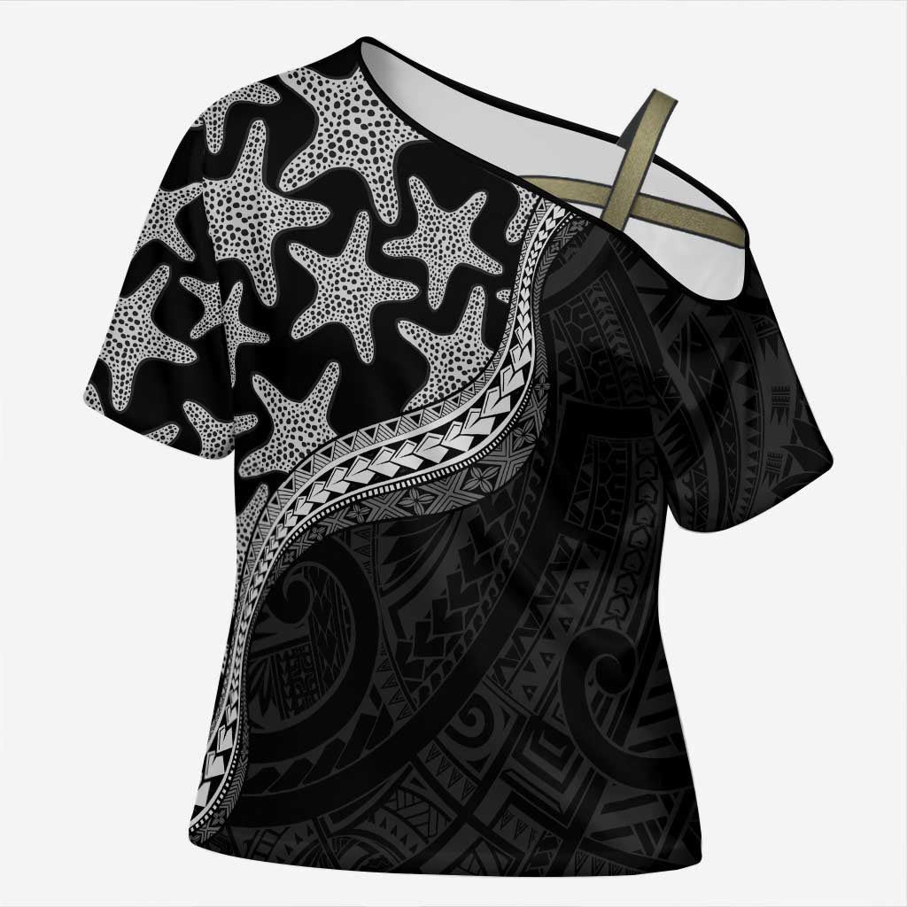 Monotone Polynesian Starfish Unique Pattern Cross Shoulder Shirt LT01 Female Black - Polynesian Pride