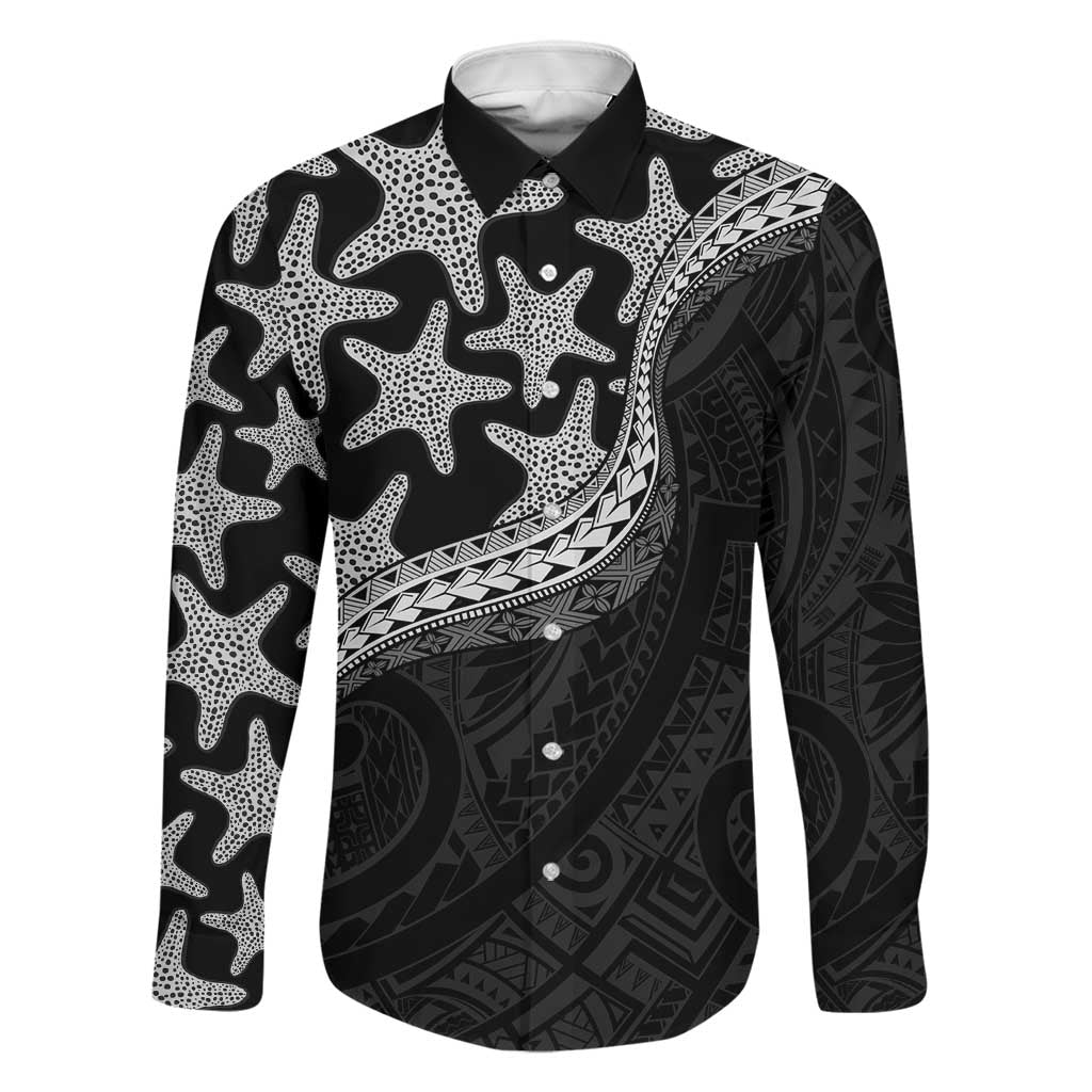 Monotone Polynesian Starfish Unique Pattern Family Matching Long Sleeve Bodycon Dress and Hawaiian Shirt LT01 Dad's Shirt - Long Sleeve Black - Polynesian Pride