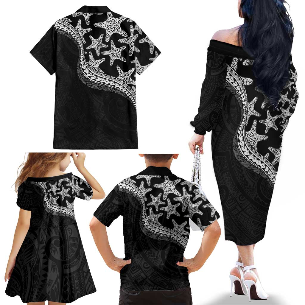 Monotone Polynesian Starfish Unique Pattern Family Matching Off The Shoulder Long Sleeve Dress and Hawaiian Shirt LT01 - Polynesian Pride