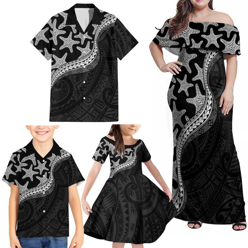 Monotone Polynesian Starfish Unique Pattern Family Matching Off Shoulder Maxi Dress and Hawaiian Shirt LT01 - Polynesian Pride