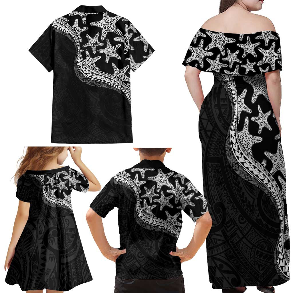 Monotone Polynesian Starfish Unique Pattern Family Matching Off Shoulder Maxi Dress and Hawaiian Shirt LT01 - Polynesian Pride