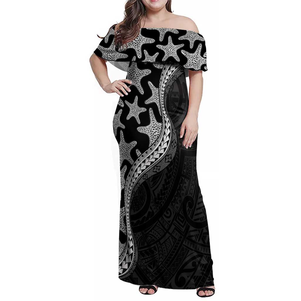 Monotone Polynesian Starfish Unique Pattern Family Matching Off Shoulder Maxi Dress and Hawaiian Shirt LT01 Mom's Dress Black - Polynesian Pride