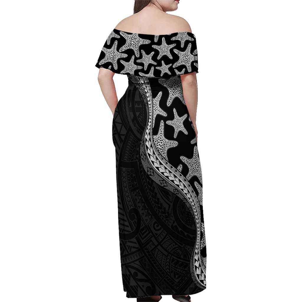 Monotone Polynesian Starfish Unique Pattern Family Matching Off Shoulder Maxi Dress and Hawaiian Shirt LT01 - Polynesian Pride