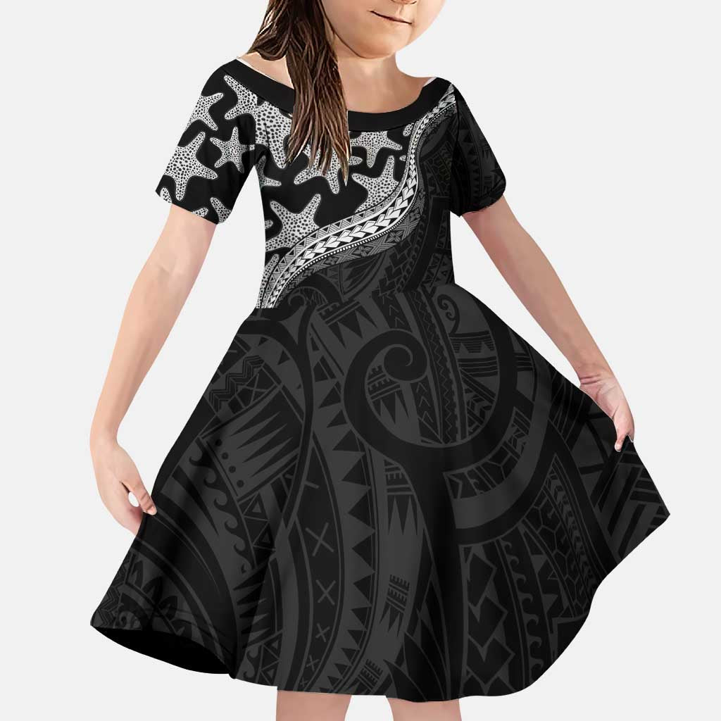 Monotone Polynesian Starfish Unique Pattern Family Matching Off Shoulder Short Dress and Hawaiian Shirt LT01 Daughter's Dress Black - Polynesian Pride