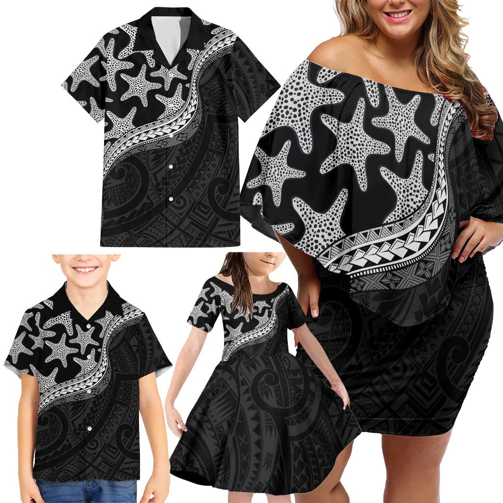 Monotone Polynesian Starfish Unique Pattern Family Matching Off Shoulder Short Dress and Hawaiian Shirt LT01 - Polynesian Pride