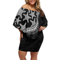 Monotone Polynesian Starfish Unique Pattern Family Matching Off Shoulder Short Dress and Hawaiian Shirt LT01 Mom's Dress Black - Polynesian Pride