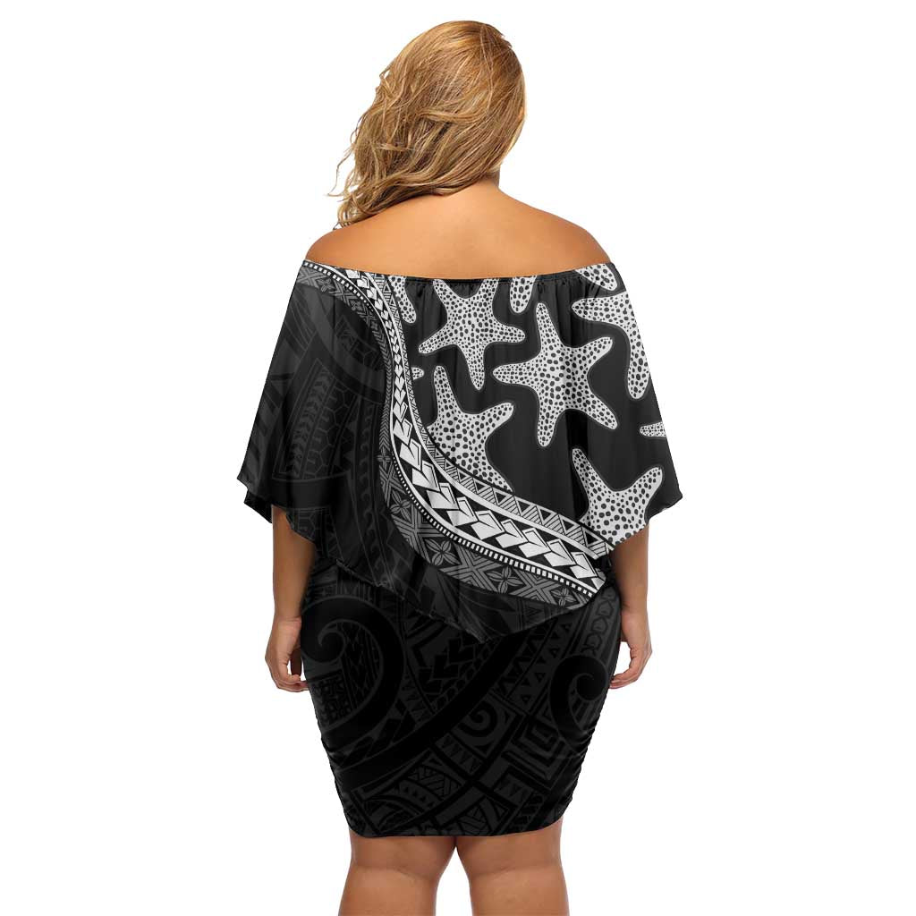 Monotone Polynesian Starfish Unique Pattern Family Matching Off Shoulder Short Dress and Hawaiian Shirt LT01 - Polynesian Pride