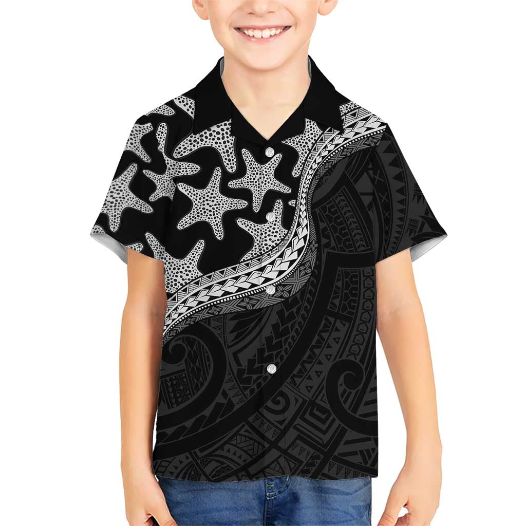 Monotone Polynesian Starfish Unique Pattern Family Matching Off Shoulder Short Dress and Hawaiian Shirt LT01 Son's Shirt Black - Polynesian Pride