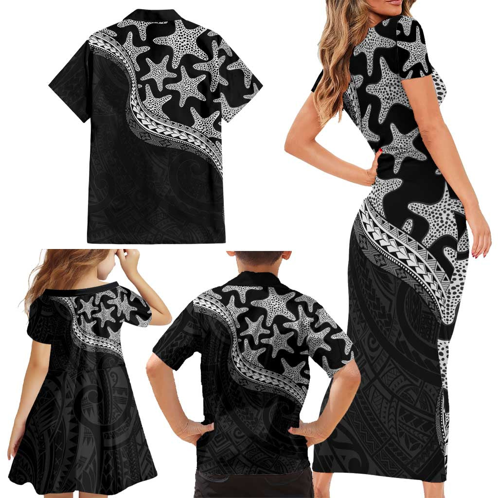 Monotone Polynesian Starfish Unique Pattern Family Matching Short Sleeve Bodycon Dress and Hawaiian Shirt LT01 - Polynesian Pride