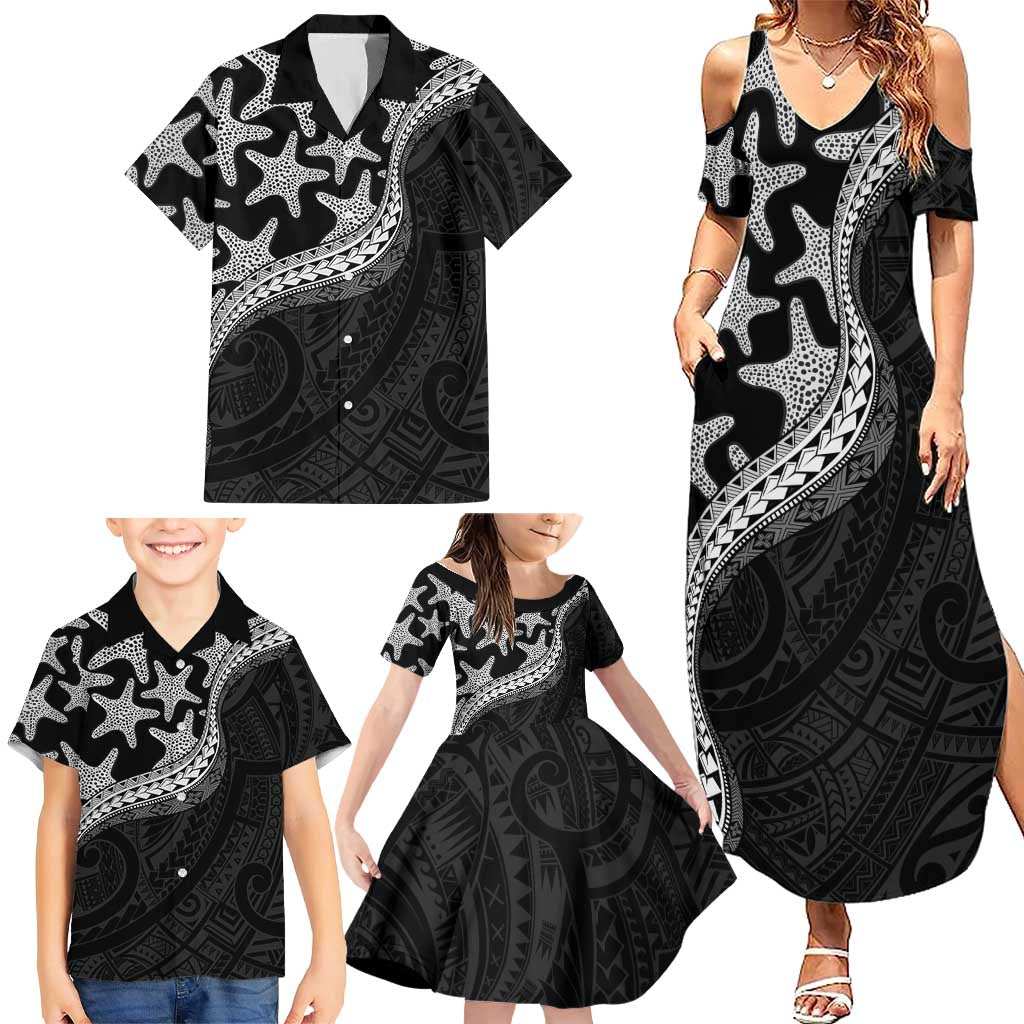 Monotone Polynesian Starfish Unique Pattern Family Matching Summer Maxi Dress and Hawaiian Shirt LT01 - Polynesian Pride
