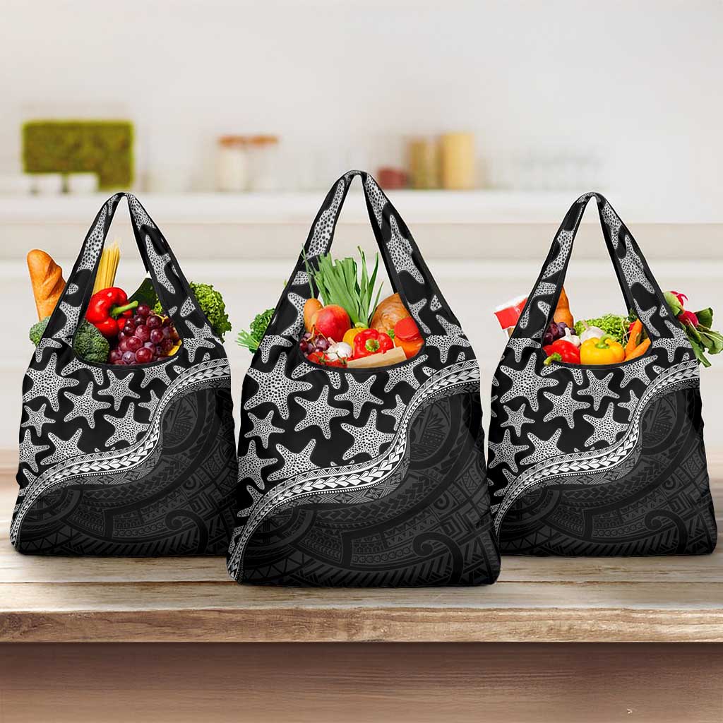 Monotone Polynesian Starfish Unique Pattern Grocery Bag LT01 3-pack One Size Black - Polynesian Pride