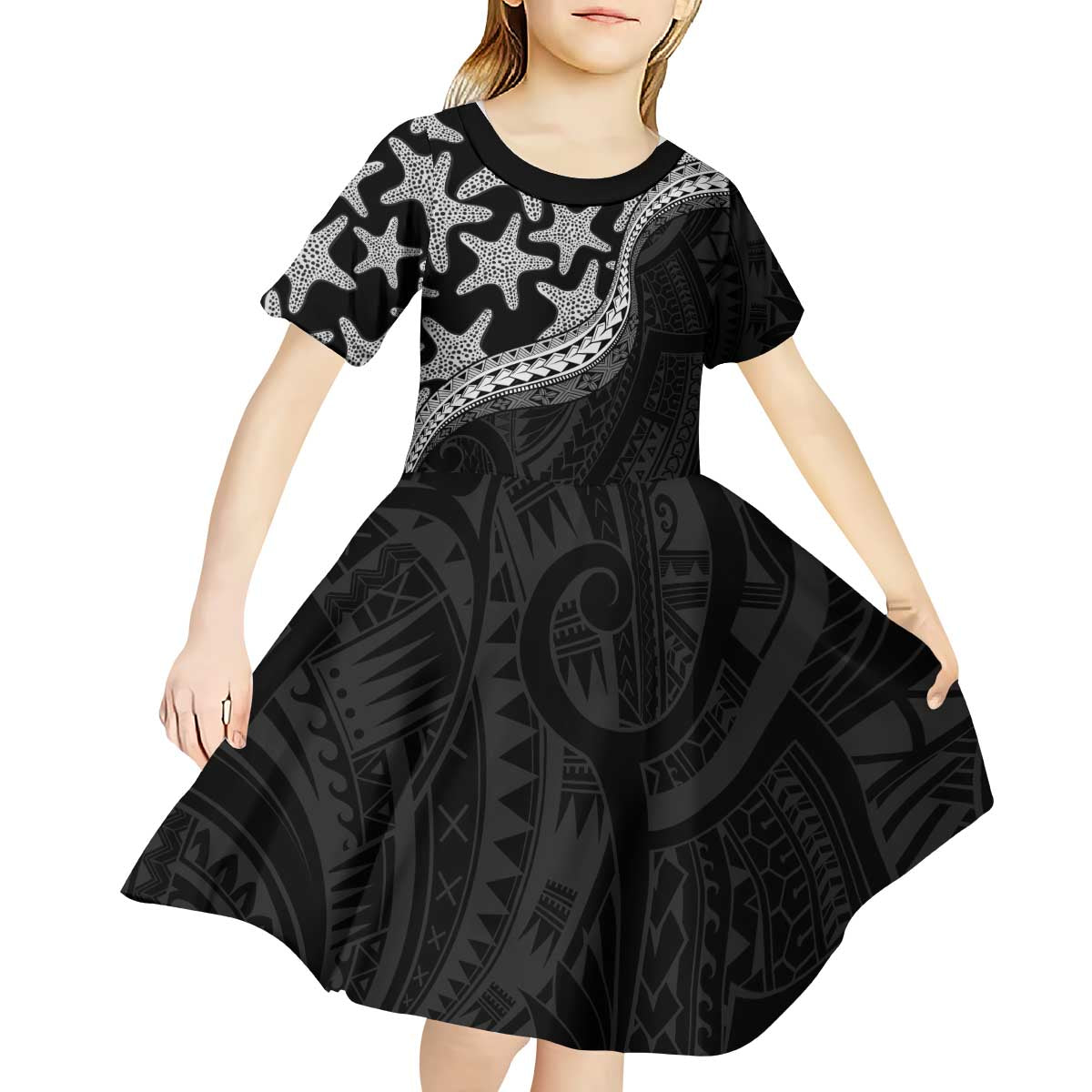 Monotone Polynesian Starfish Unique Pattern Kid Short Sleeve Dress LT01 - Polynesian Pride