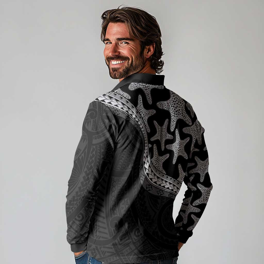 Monotone Polynesian Starfish Unique Pattern Long Sleeve Polo Shirt LT01 - Polynesian Pride