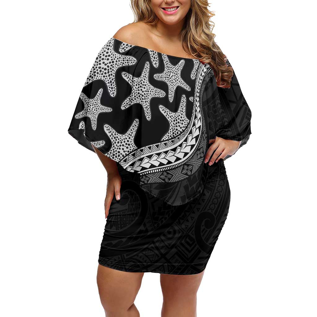 Monotone Polynesian Starfish Unique Pattern Off Shoulder Short Dress LT01 Women Black - Polynesian Pride