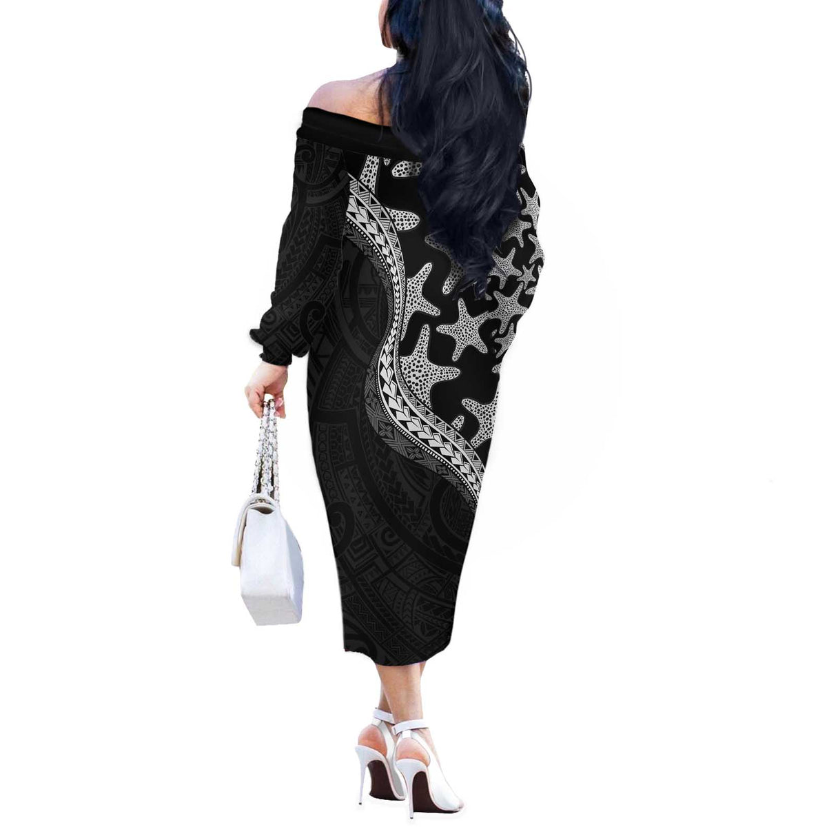 Monotone Polynesian Starfish Unique Pattern Off The Shoulder Long Sleeve Dress LT01 - Polynesian Pride