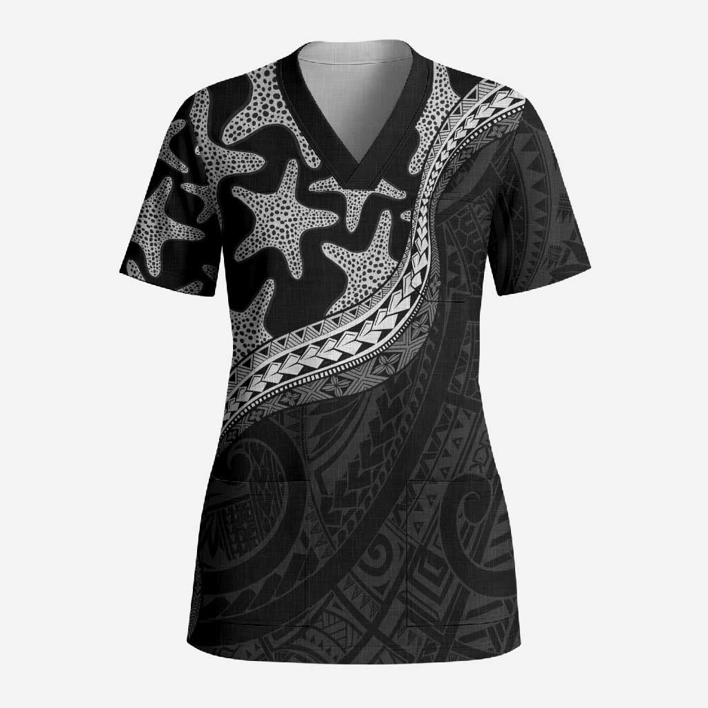 Monotone Polynesian Starfish Unique Pattern Scrub Top LT01 Adult Black - Polynesian Pride