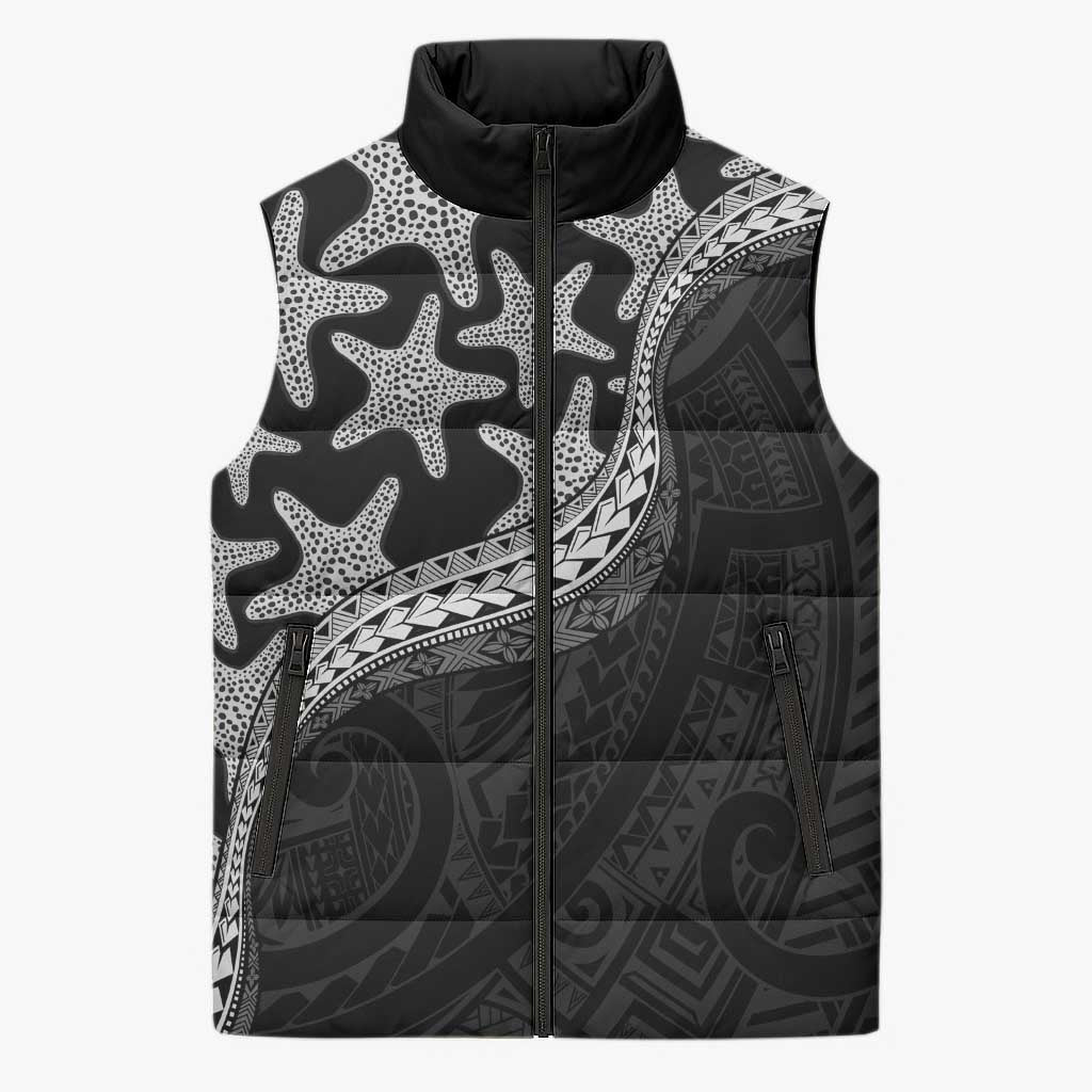 Monotone Polynesian Starfish Unique Pattern Sleeveless Puffer Jacket LT01 Unisex Black - Polynesian Pride