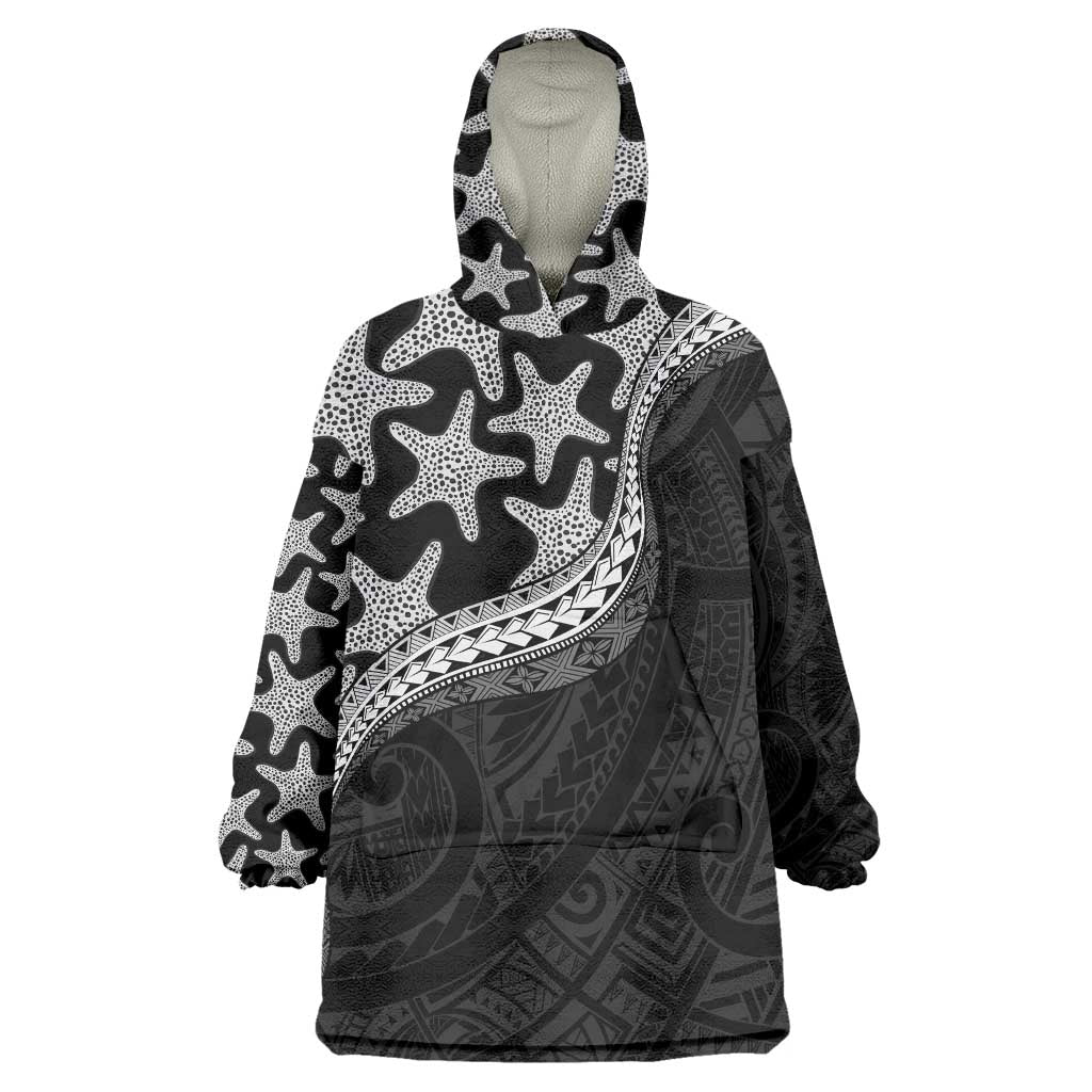 Monotone Polynesian Starfish Unique Pattern Wearable Blanket Hoodie LT01 One Size Black - Polynesian Pride