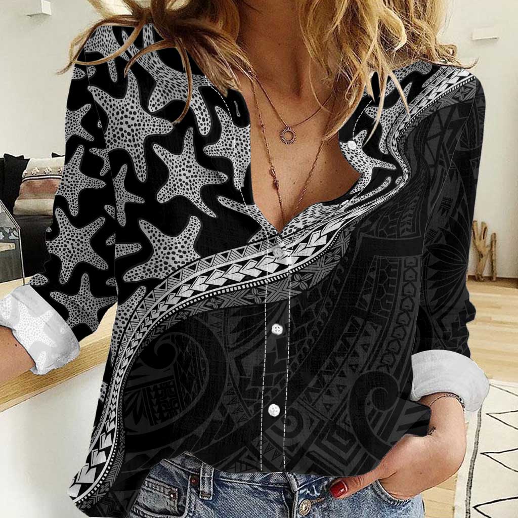 Monotone Polynesian Starfish Unique Pattern Women Casual Shirt LT01 Female Black - Polynesian Pride