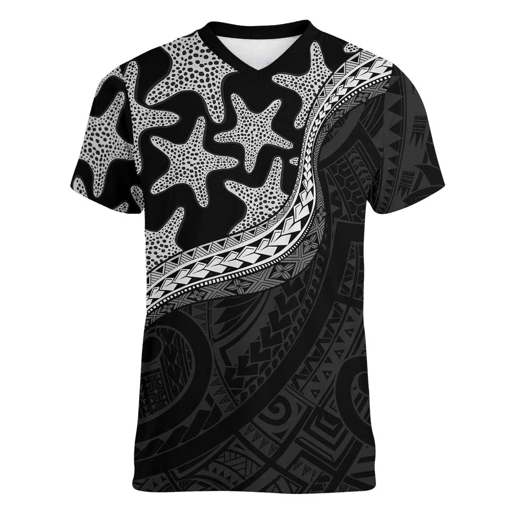 Monotone Polynesian Starfish Unique Pattern Women V-Neck T-Shirt LT01 Female Black - Polynesian Pride