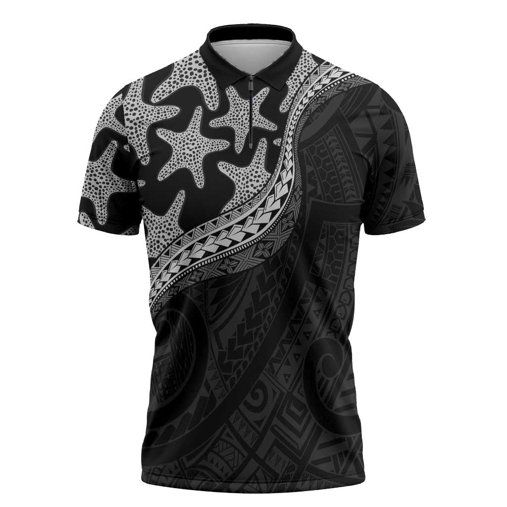 Monotone Polynesian Starfish Unique Pattern Zipper Polo Shirt LT01 Black - Polynesian Pride