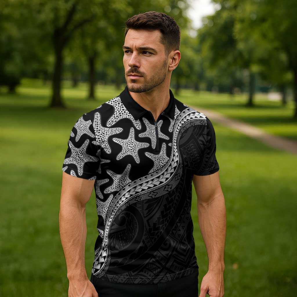 Monotone Polynesian Starfish Unique Pattern Zipper Polo Shirt LT01 - Polynesian Pride
