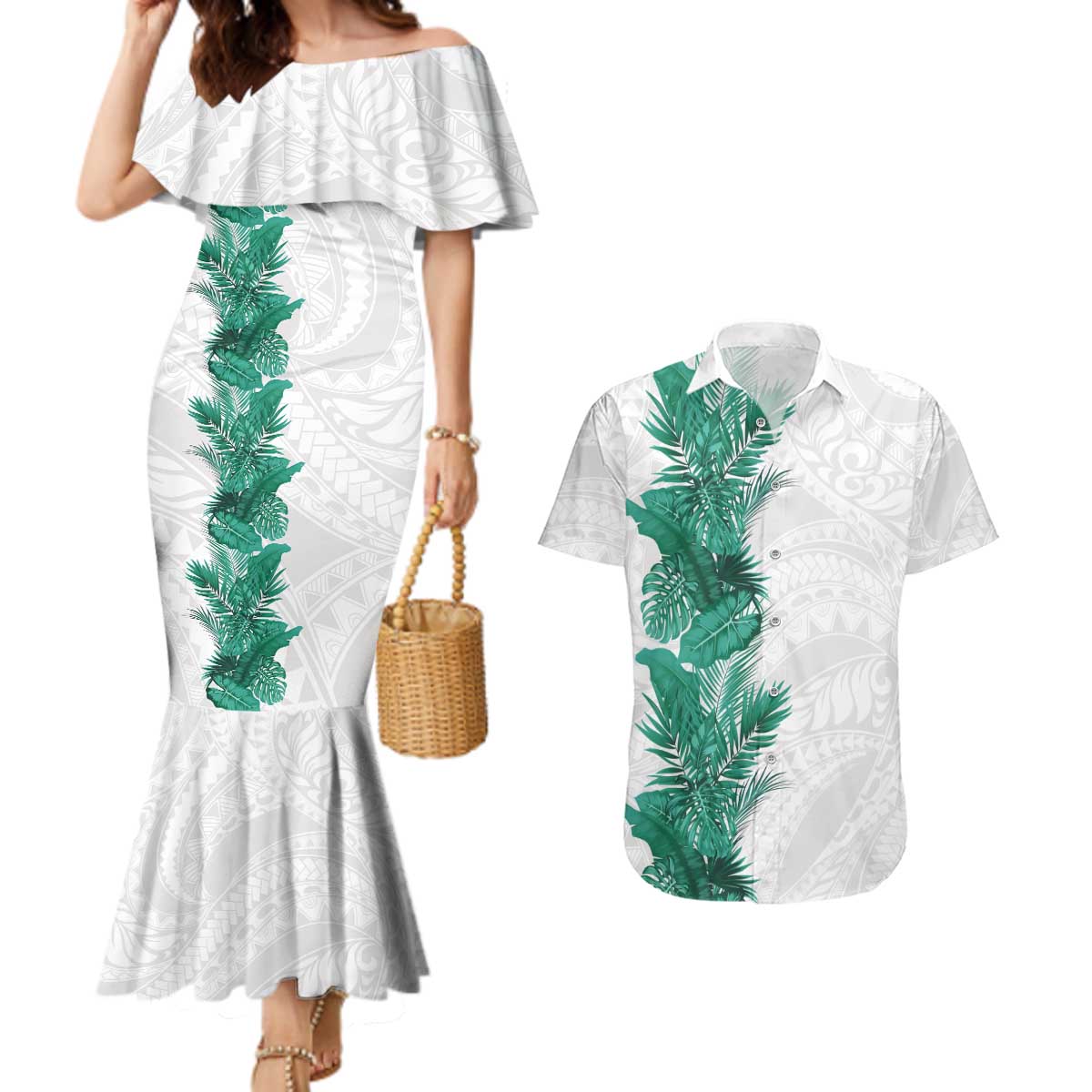 Hawaii Tropical Leaves Couples Matching Mermaid Dress and Hawaiian Shirt Polynesian Pattern LT01 White - Polynesian Pride