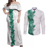 Hawaii Tropical Leaves Couples Matching Off Shoulder Maxi Dress and Long Sleeve Button Shirt Polynesian Pattern LT01 White - Polynesian Pride