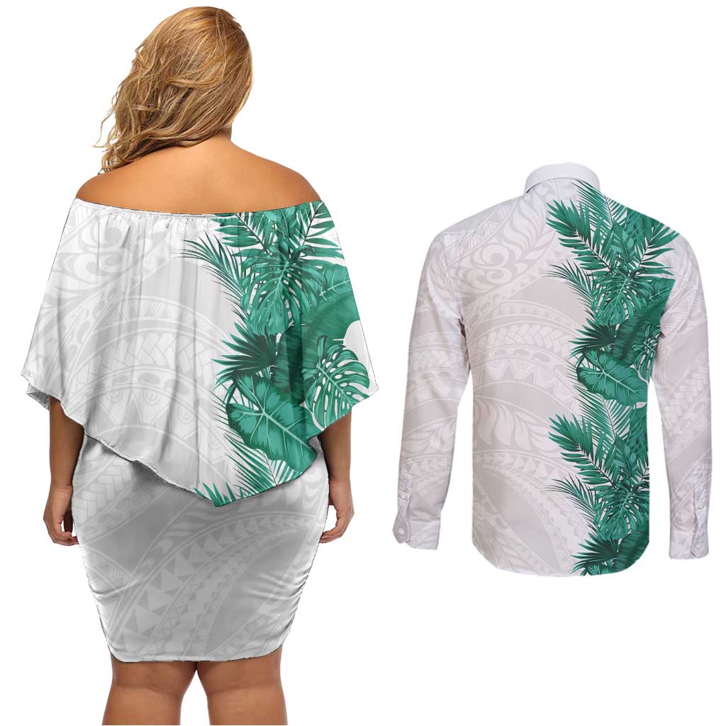 Hawaii Tropical Leaves Couples Matching Off Shoulder Short Dress and Long Sleeve Button Shirt Polynesian Pattern LT01 - Polynesian Pride