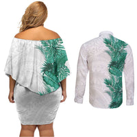 Hawaii Tropical Leaves Couples Matching Off Shoulder Short Dress and Long Sleeve Button Shirt Polynesian Pattern LT01 - Polynesian Pride