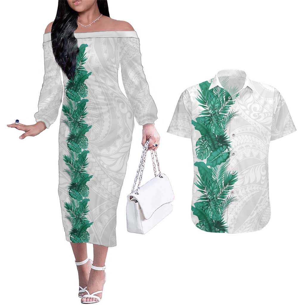 Hawaii Tropical Leaves Couples Matching Off The Shoulder Long Sleeve Dress and Hawaiian Shirt Polynesian Pattern LT01 White - Polynesian Pride