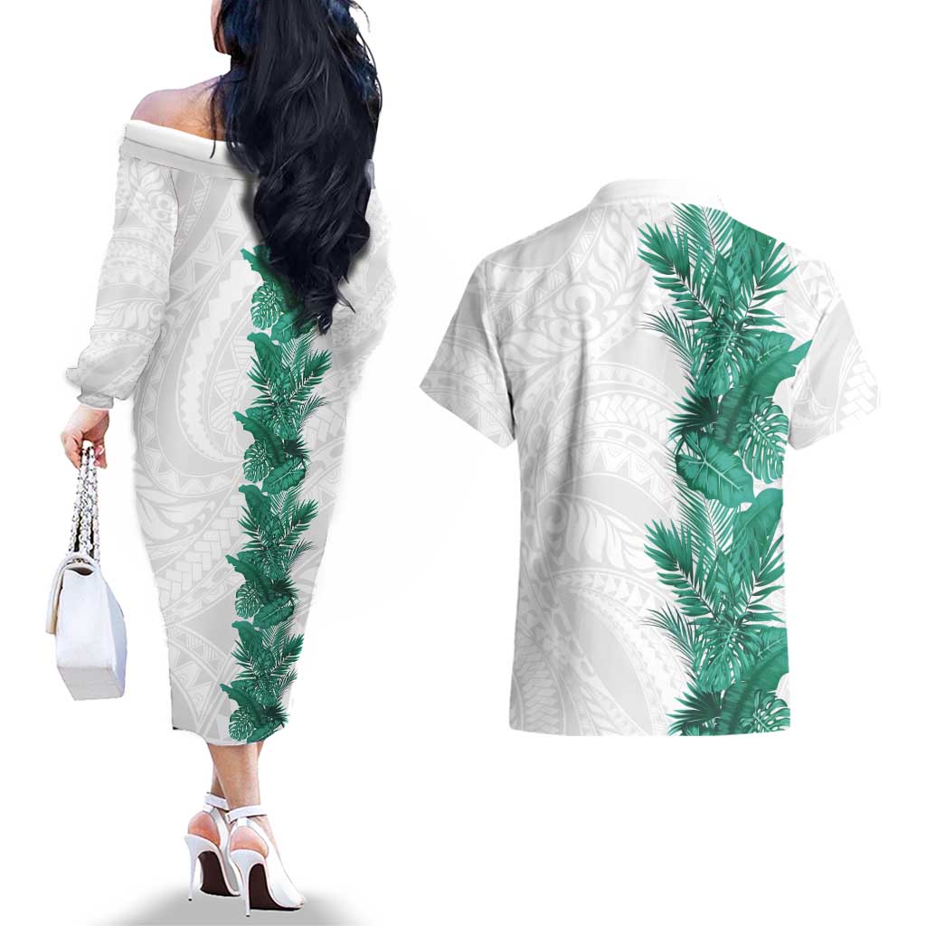 Hawaii Tropical Leaves Couples Matching Off The Shoulder Long Sleeve Dress and Hawaiian Shirt Polynesian Pattern LT01 - Polynesian Pride