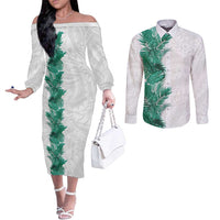 Hawaii Tropical Leaves Couples Matching Off The Shoulder Long Sleeve Dress and Long Sleeve Button Shirt Polynesian Pattern LT01 White - Polynesian Pride