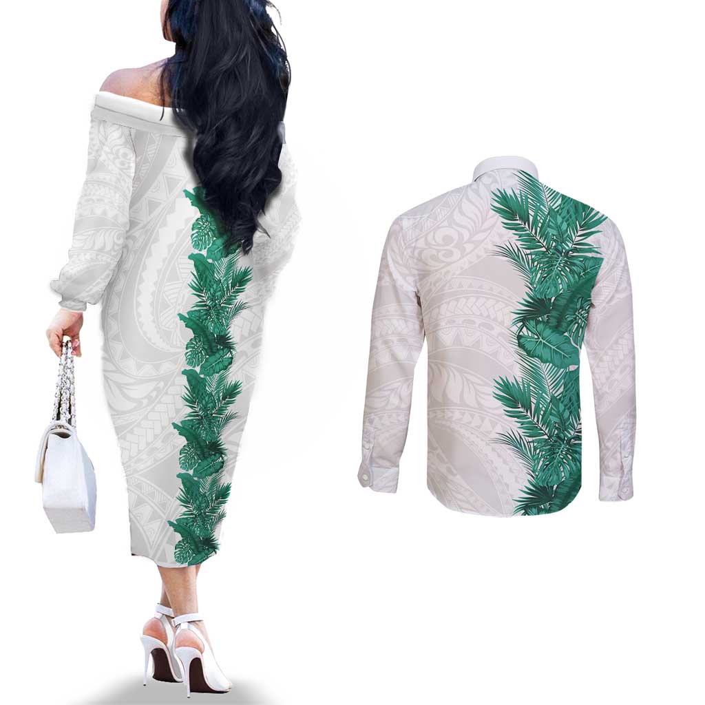 Hawaii Tropical Leaves Couples Matching Off The Shoulder Long Sleeve Dress and Long Sleeve Button Shirt Polynesian Pattern LT01 - Polynesian Pride