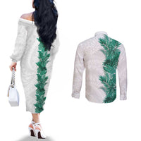 Hawaii Tropical Leaves Couples Matching Off The Shoulder Long Sleeve Dress and Long Sleeve Button Shirt Polynesian Pattern LT01 - Polynesian Pride