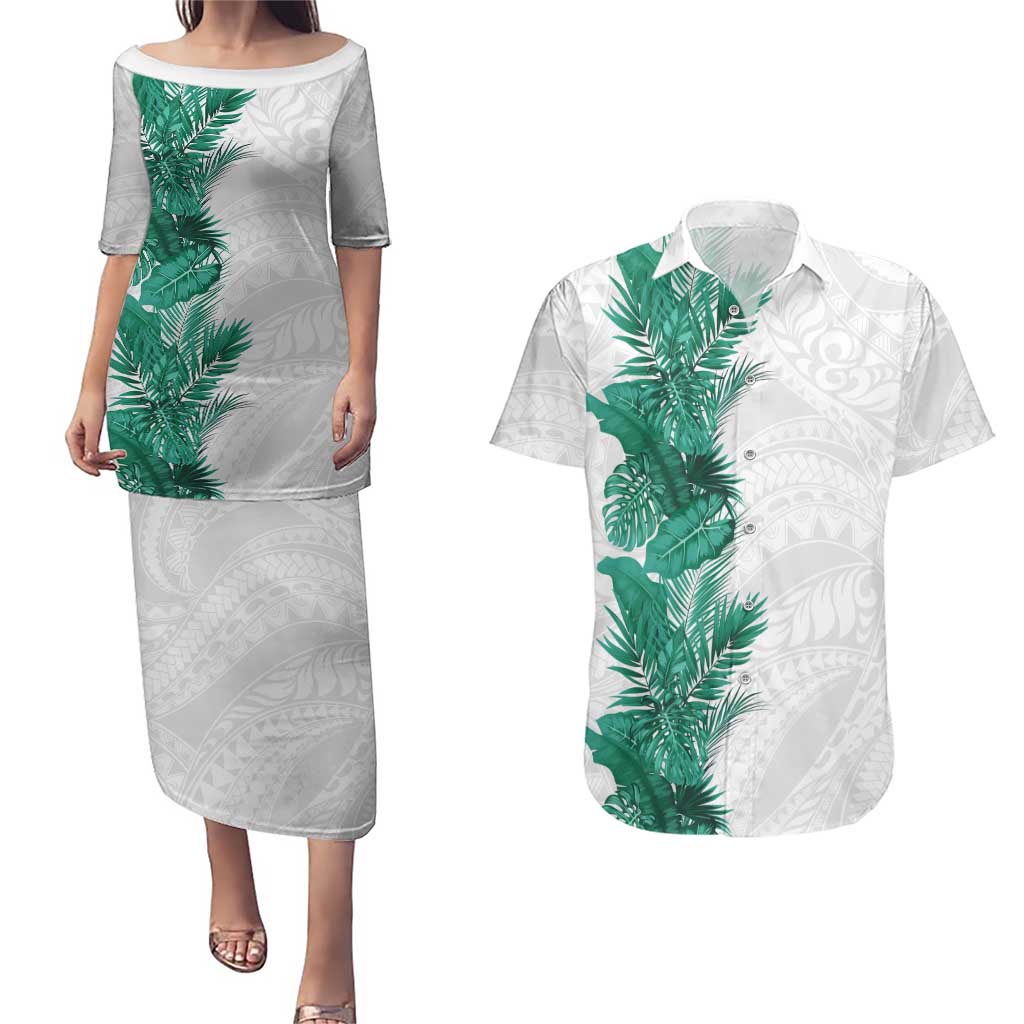 Hawaii Tropical Leaves Couples Matching Puletasi and Hawaiian Shirt Polynesian Pattern LT01 White - Polynesian Pride