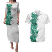 Hawaii Tropical Leaves Couples Matching Puletasi and Hawaiian Shirt Polynesian Pattern LT01 White - Polynesian Pride