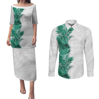 Hawaii Tropical Leaves Couples Matching Puletasi and Long Sleeve Button Shirt Polynesian Pattern