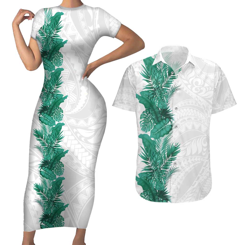 Hawaii Tropical Leaves Couples Matching Short Sleeve Bodycon Dress and Hawaiian Shirt Polynesian Pattern LT01 White - Polynesian Pride