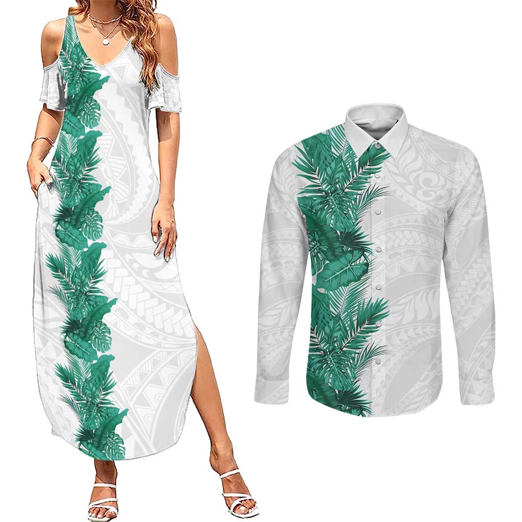 Hawaii Tropical Leaves Couples Matching Summer Maxi Dress and Long Sleeve Button Shirt Polynesian Pattern LT01 White - Polynesian Pride
