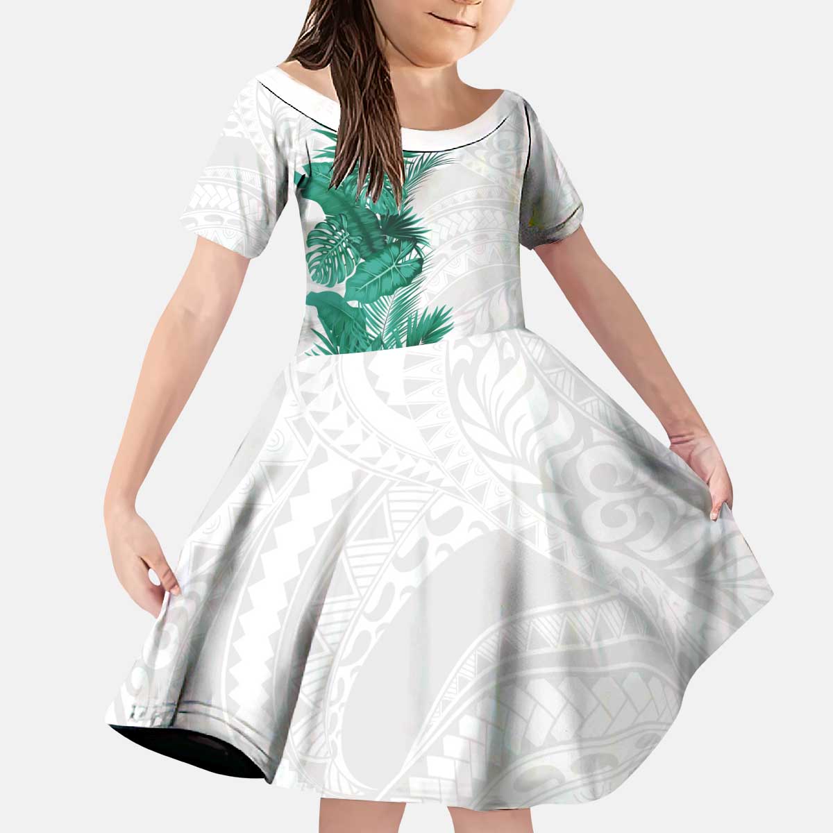 Hawaii Tropical Leaves Kid Short Sleeve Dress Polynesian Pattern LT01 KID White - Polynesian Pride