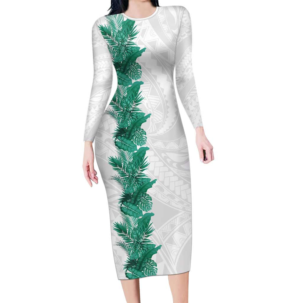 Hawaii Tropical Leaves Long Sleeve Bodycon Dress Polynesian Pattern LT01 Long Dress White - Polynesian Pride