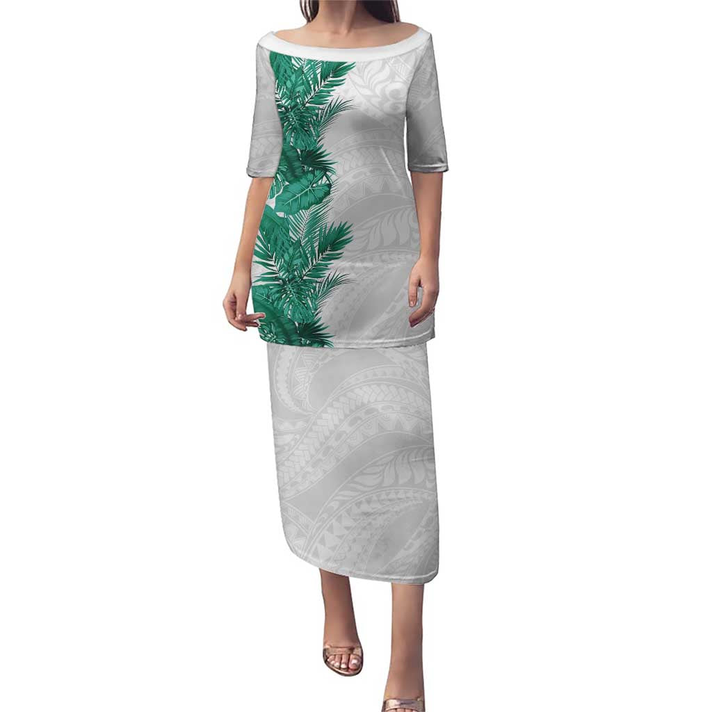 Hawaii Tropical Leaves Puletasi Polynesian Pattern LT01 Long Dress White - Polynesian Pride
