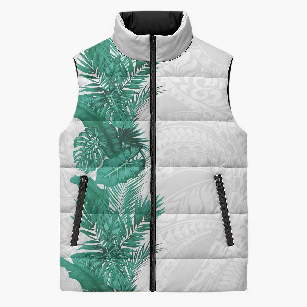 Hawaii Tropical Leaves Sleeveless Puffer Jacket Polynesian Pattern LT01 Unisex White - Polynesian Pride