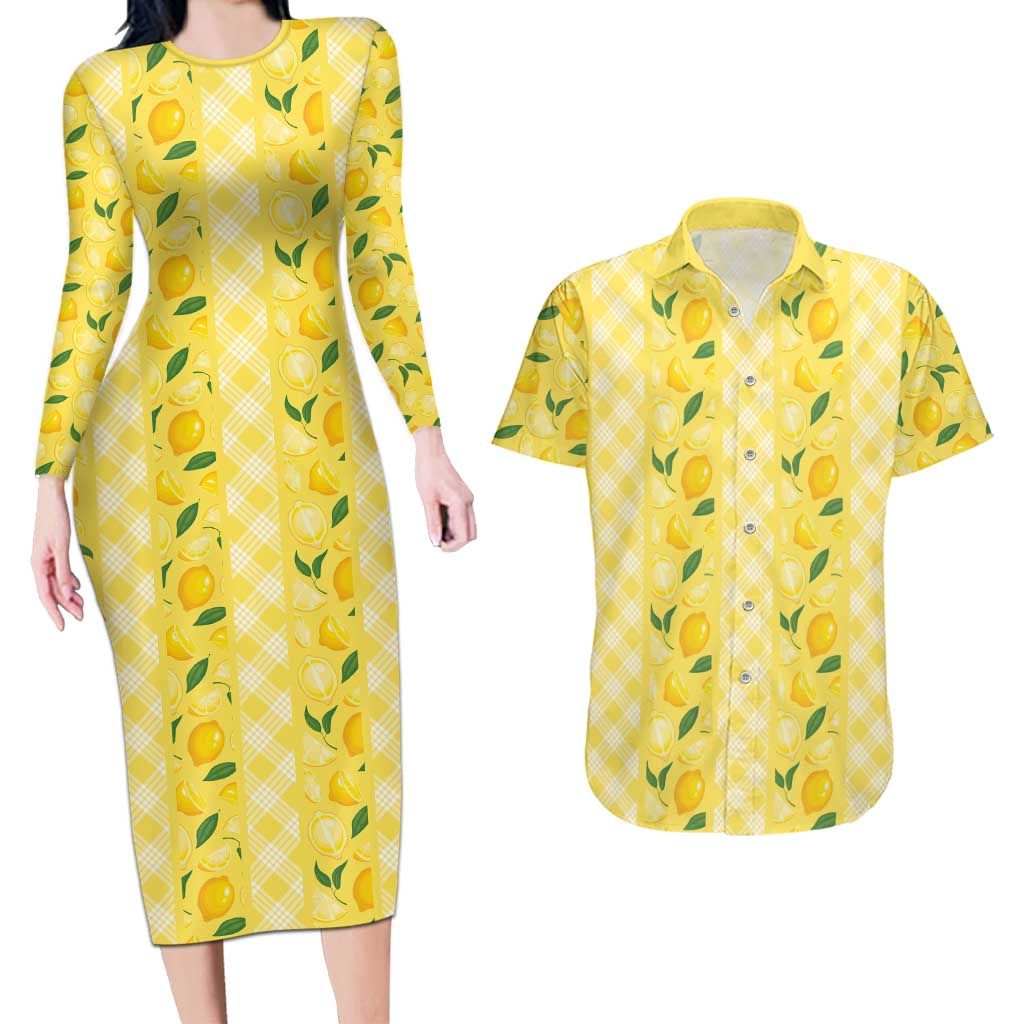 Hawaii Lemon Palaka Couples Matching Long Sleeve Bodycon Dress and Hawaiian Shirt Striped Stylized