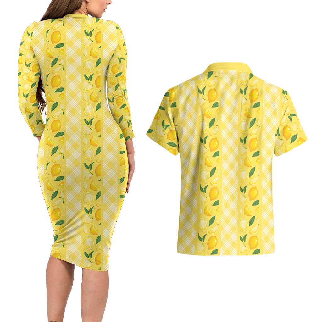 Hawaii Lemon Palaka Couples Matching Long Sleeve Bodycon Dress and Hawaiian Shirt Striped Stylized