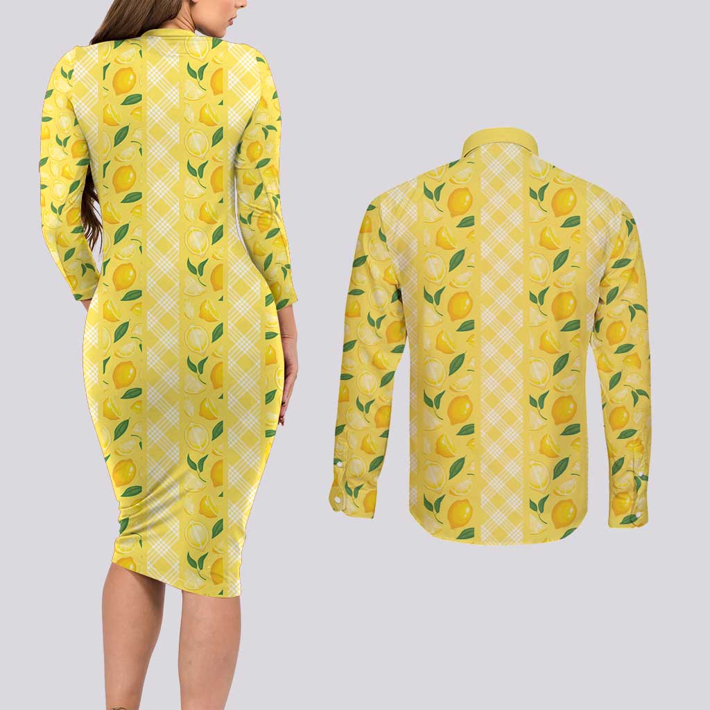 Hawaii Lemon Palaka Couples Matching Long Sleeve Bodycon Dress and Long Sleeve Button Shirt Striped Stylized LT01 - Polynesian Pride