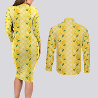 Hawaii Lemon Palaka Couples Matching Long Sleeve Bodycon Dress and Long Sleeve Button Shirt Striped Stylized LT01 - Polynesian Pride